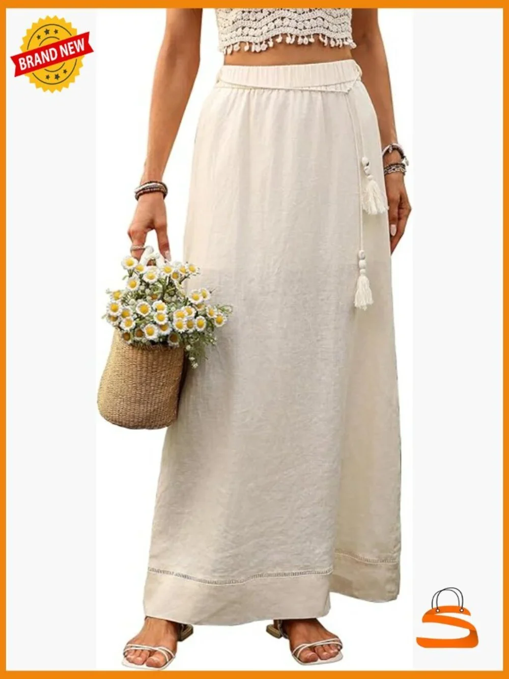 100% Linen Maxi Skirt with Detachable Tassel Belt A-Line Wrap